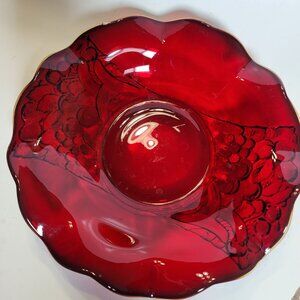 Vintage Ruby Red Glass Fruit Bowl Embossed Grape Fruits Scalloped Edge